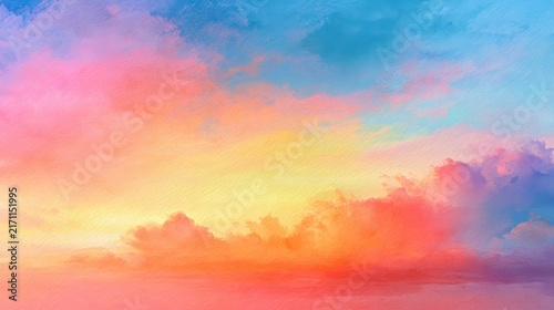 Watercolor illustration of an abstract sunset sky with rainbow clouds
