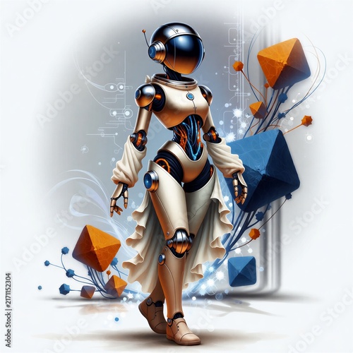 Futuristic robot character walking with abstract geometric shapes  