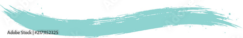 Single long light blue paint brush stroke with ink splatters isolated on a white background, for projects
