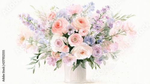Whimsical watercolor floral composition with gentle color wash