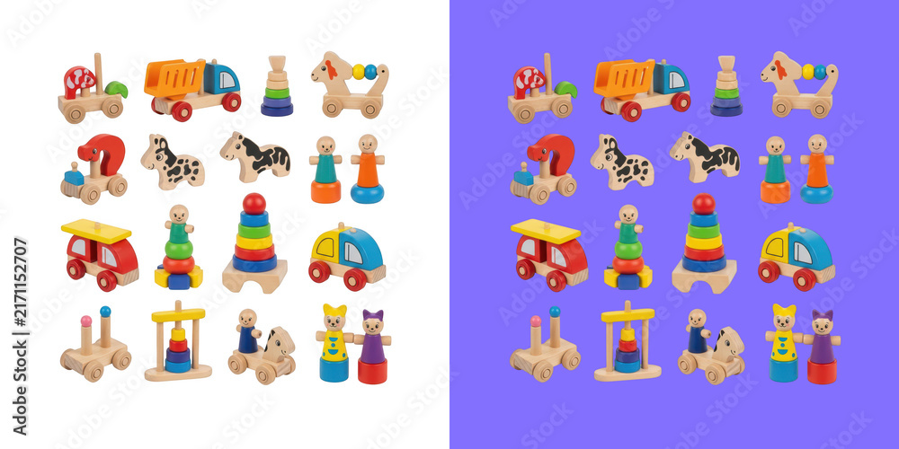 Fototapeta premium Set of colorful wooden toy figures and vehicles for kids creative play