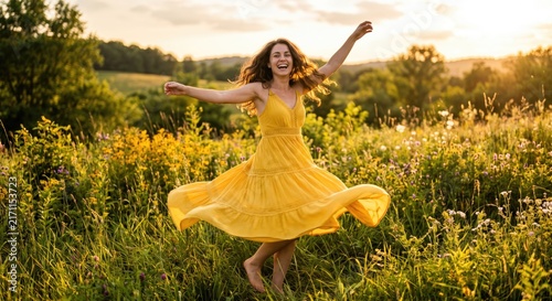 Woman dancing in yellow dress in field