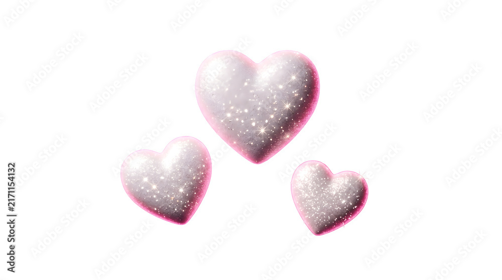 Obraz premium Three sparkling pink and white hearts isolated on transparent background