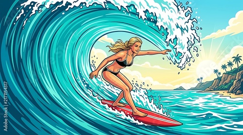 Blonde woman surfing a large ocean wave on a red surfboard at a tropical beach.