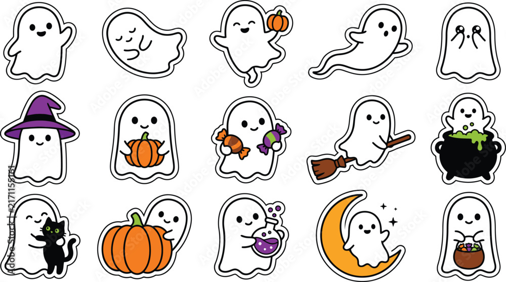 Fototapeta premium Set of cute hand drawn ghosts for halloween celebration featuring various spooky characters and festive autumn holiday elements