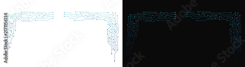 PNG image of Digital circuit board corner frame elements featuring intricate cyan glowing pathways connected by dots in a symmetrical pattern on transparent background