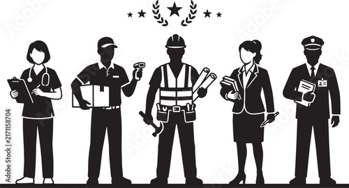 Fotografie Diverse essential workers and professionals standing together labor day concept