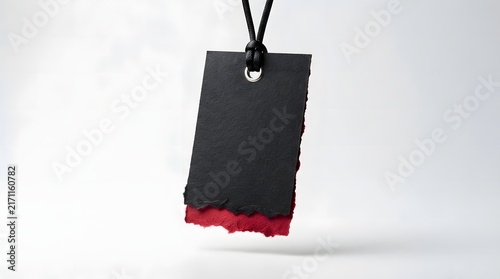 A beautifully crafted obsidian pendant featuring a bold vibrant red colored accent gracefully suspended from a smooth sleek black cord on a simple background