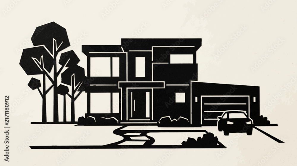 Fototapeta premium Contemporary Family House Exterior with Garage and Garden Architectural Illustration