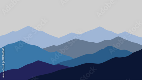 Minimalist layered mountain landscape with blue mountain ranges, overlapping hills and clean abstract terrain, modern nature scenery illustration background for travel, outdoors and adventure