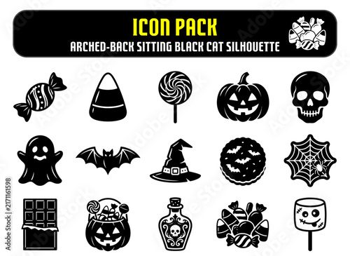 Set of black and white hand drawn halloween icons featuring pumpkins ghosts bats and spooky holiday treats