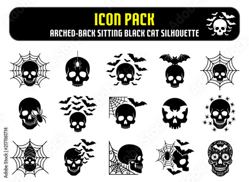 Set of black skull icons with bats and spider webs for halloween design and spooky graphic projects