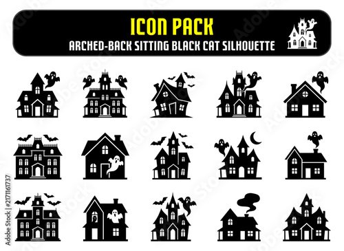 Set of black silhouette icons featuring haunted houses and spooky mansions for halloween themed graphic design projects