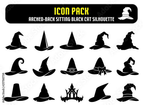 Set of various black witch hat silhouettes for halloween design elements and spooky holiday themed graphic projects