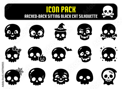 Set of various hand drawn cartoon skull icons for halloween design projects on a white background