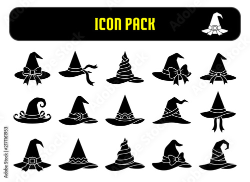 Set of fifteen black silhouette witch hat icons for halloween design projects and spooky holiday themed graphics