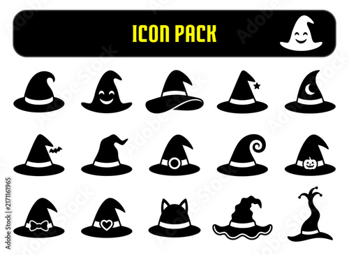 Set of black witch hat icons for halloween design elements isolated on a white background for projects