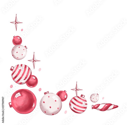Obraz na płótnie Watercolor red Christmas ornaments corner