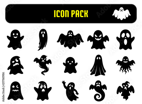 Set of fifteen hand drawn ghost icons isolated on white background for halloween party design and decoration