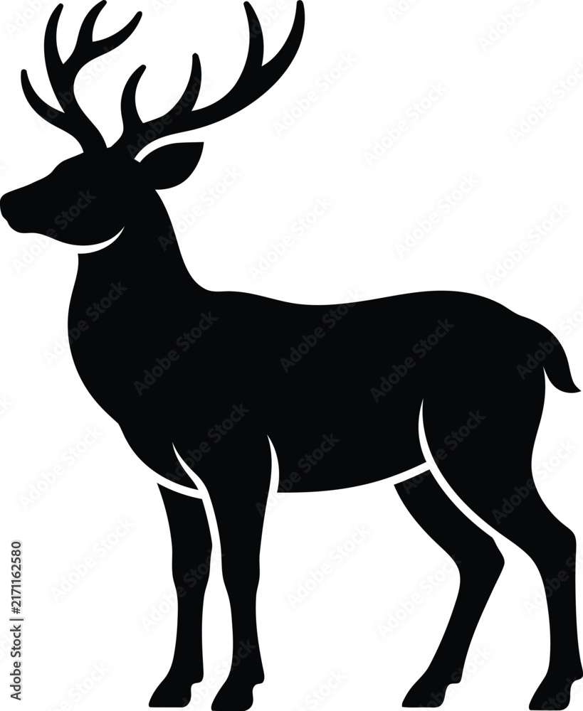Obraz premium Stag deer silhouette vector, majestic buck with antlers icon, black forest animal profile, wild elk hunting logo