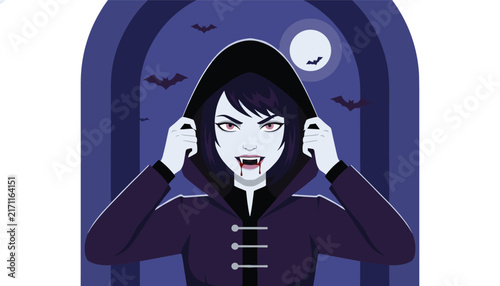 Dark vampire girl with fangs and blood on her lips confidently pulling down her hood under a moonlit night with bats.