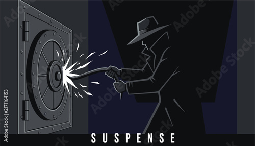 Mysterious thief wearing a fedora breaking into a round metal vault door with a crowbar under dark suspenseful shadows.