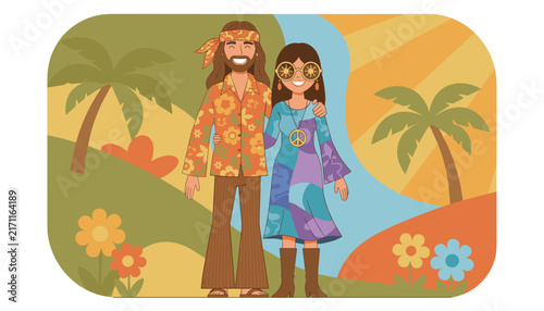 Happy hippie couple wearing retro seventies clothing and flower patterns standing in a colorful tropical landscape.