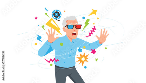 Overwhelmed senior man wearing 3D glasses being startled by flying colorful shapes, lightning bolts, and movie reels.