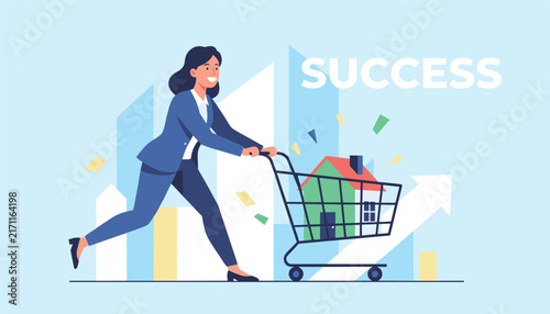 Successful business woman running while pushing a shopping cart with a small green house inside on a light blue background.