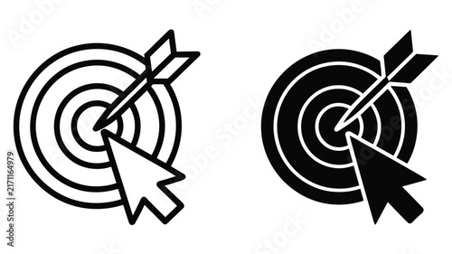 Two of a target with an arrow and a computer mouse cursor on a plain white background