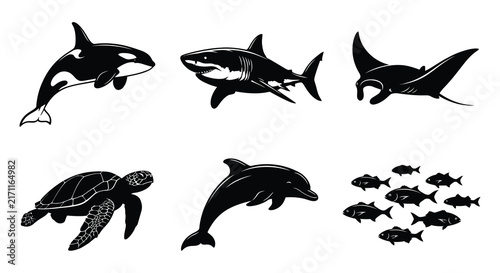 Photography Marine life silhouettes depict a variety of ocean creatures in vector style