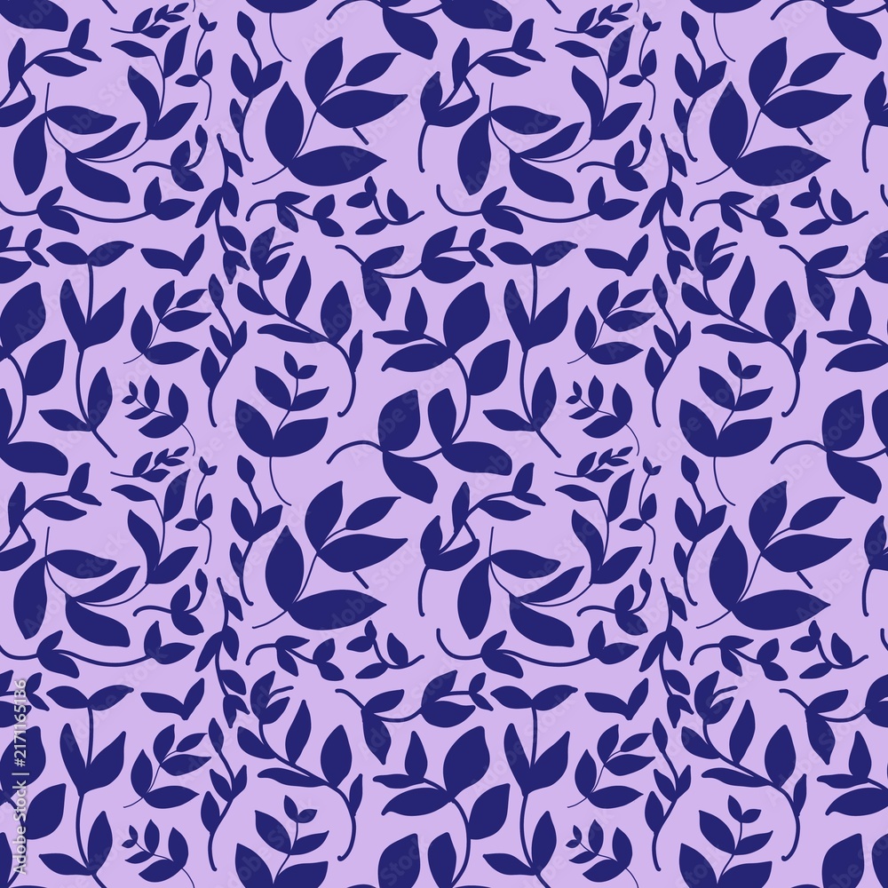 Fototapeta premium Seamless Leaf Pattern Background, Dark Blue Botanical Leaves on Lavender Purple