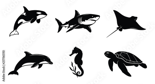 Photography Marine life silhouettes depict a variety of ocean creatures in vector style