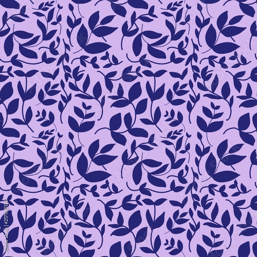 Seamless Leaf Pattern Background, Dark Blue Botanical Leaves on Lavender Purple