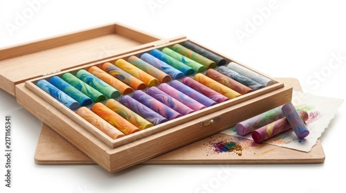 Wooden box filled with colorful pastel chalks arranged neatly inside on a white surface colorful chalk art supplies drawing materials pastel colors artistic equipment craft supplies