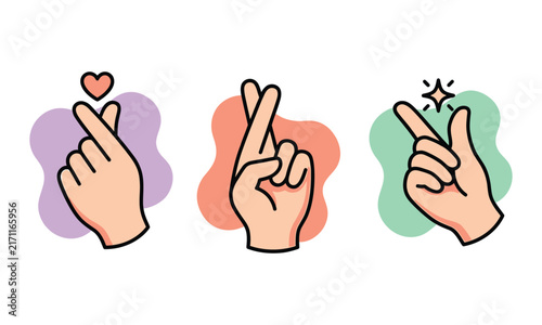 Set of hand gestures including finger heart, crossed fingers, and finger snap