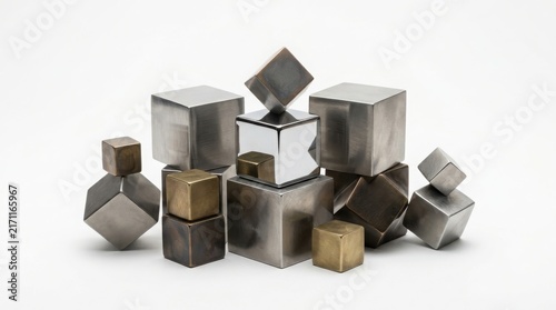 Abstract composition of stacked metallic silver and gold cubes on a white background with stacked blocks geometric shapes modern sculpture metal blocks abstract geometry cube pile industrial des