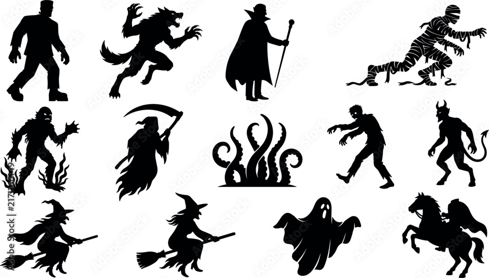 Obraz premium Spooky Halloween Monster Silhouette Vector Set Featuring Dracula Werewolf Grim Reaper Mummy Ghost and Headless Horseman for Horror Party Graphic Designs