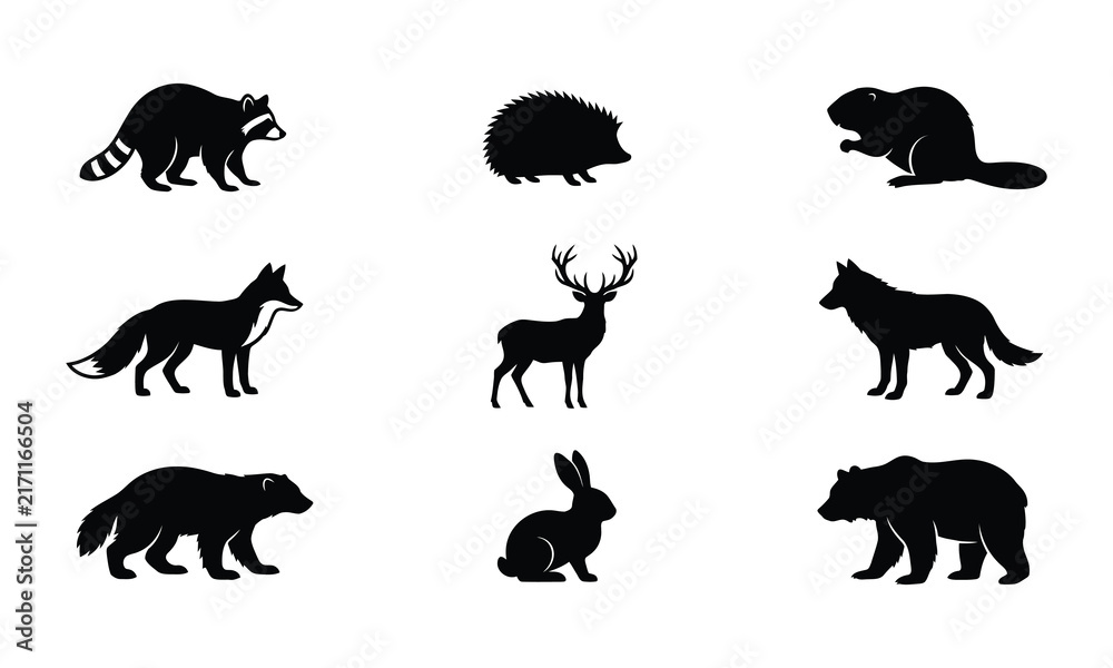 Obraz premium Set of wild forest animal silhouettes