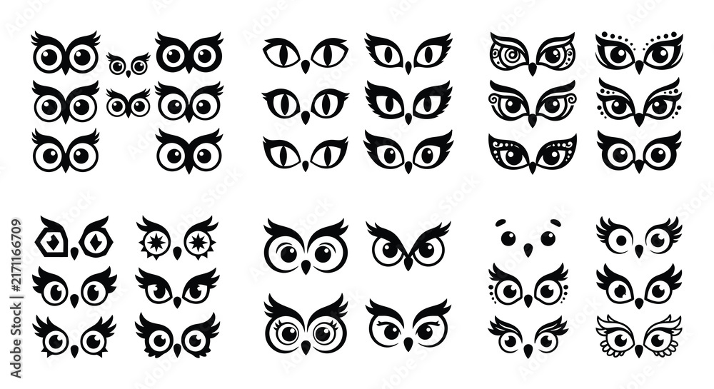 Fototapeta premium Collection of black and white owl head vector illustrations on a white background