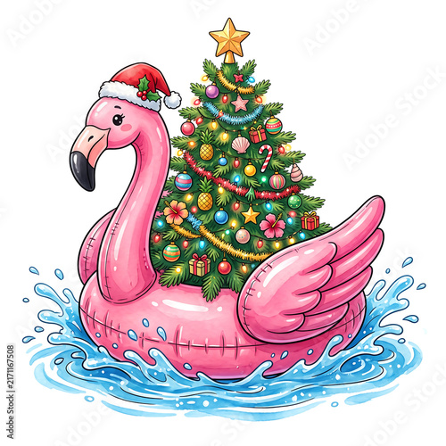 Pink Flamingo Pool Float with Decorated Christmas Tree Isolated on White Background