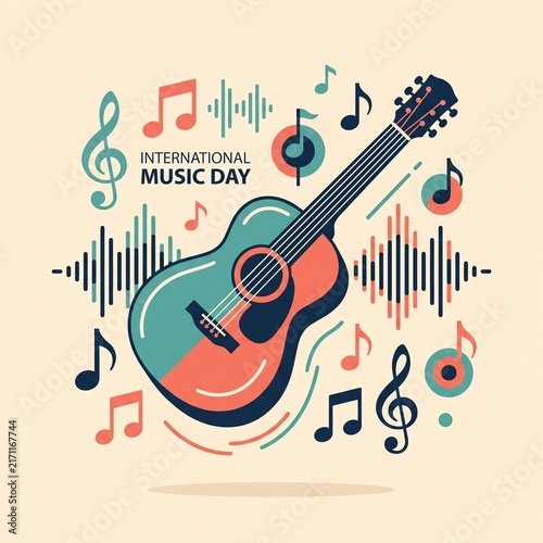 International Music Day Vector Illustration with Guitar and Notes