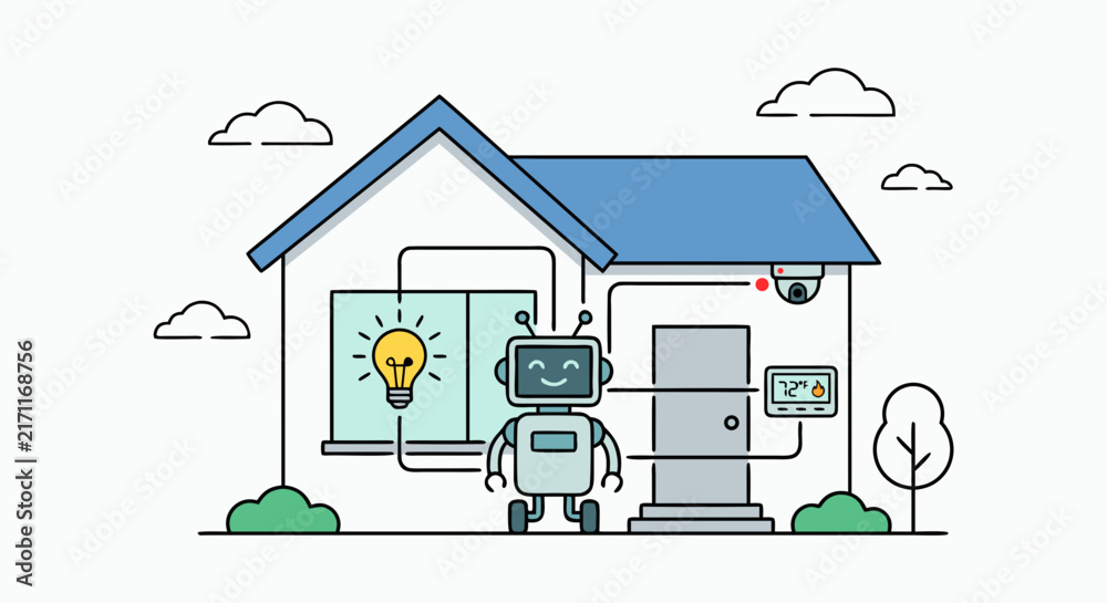 Obraz premium AI Smart Home Automation and Internet of Things Concept with Robot in Flat Line Art