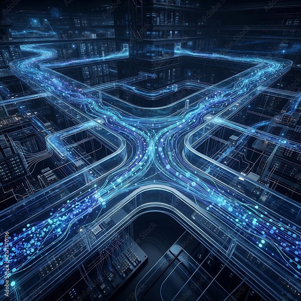 Fototapeta premium Abstract digital data flow in interconnected network with blue light streams illustrating communication technology and internet big data transfer in dark server room environment.