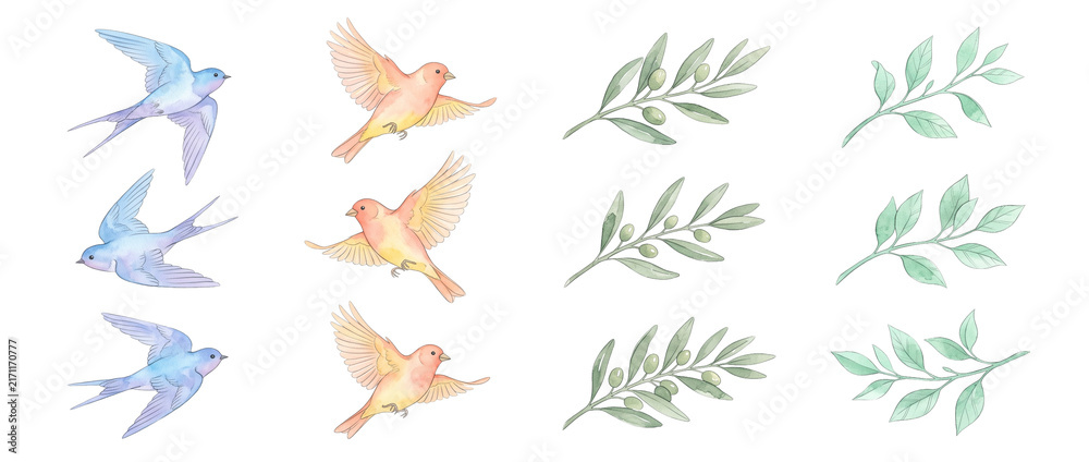 Fototapeta premium Watercolor Birds Olive Branch Clipart set featuring flying swallows and finches with green botanical foliage for spring craft, isolated design elements on black background hand drawn nature art image