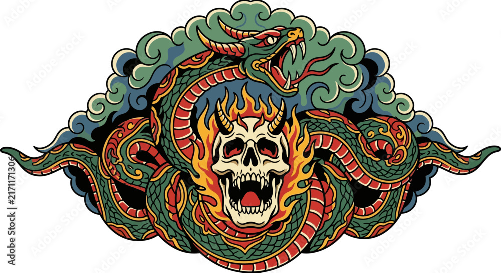 Fototapeta premium Traditional Tattoo Style Illustration of a Dragon and Flaming Demon Skull