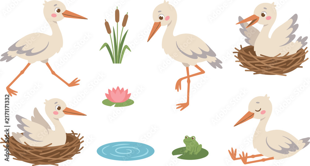 Naklejka premium Adorable newborn delivery stork vector sticker pack collection featuring happy baby bird characters isolated on a clean white background