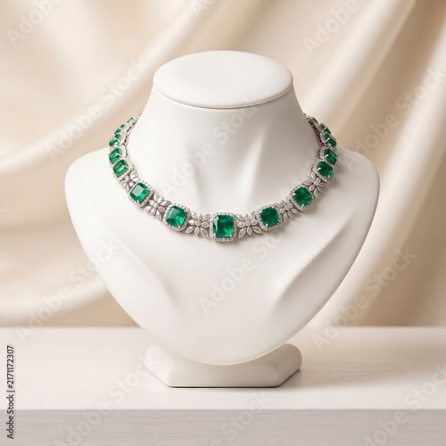 Elegant emerald and diamond necklace displayed on a white mannequin bust with necklace gemstone accessory mannequin