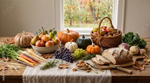 A simple rustic autumn arrangement of fresh fruits, root vegetables, artisan bread, and pumpkins on a wooden dining table.