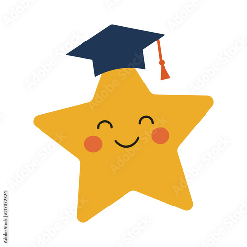 Cute Yellow Star Character Wearing Graduation Cap for Student Success Concept